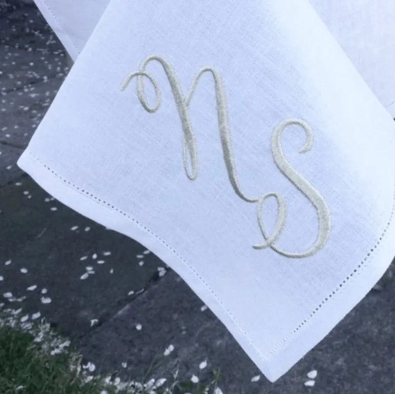 Hemstitched White Linen Tablecloth with Silver Script Monogram