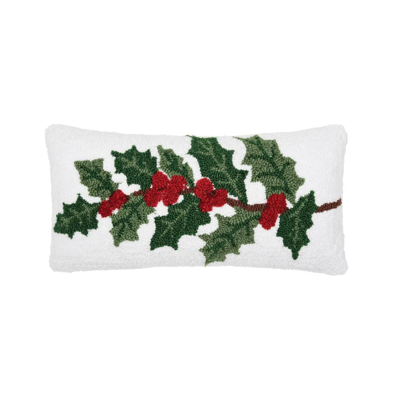 Holly Sprig Hooked Pillow