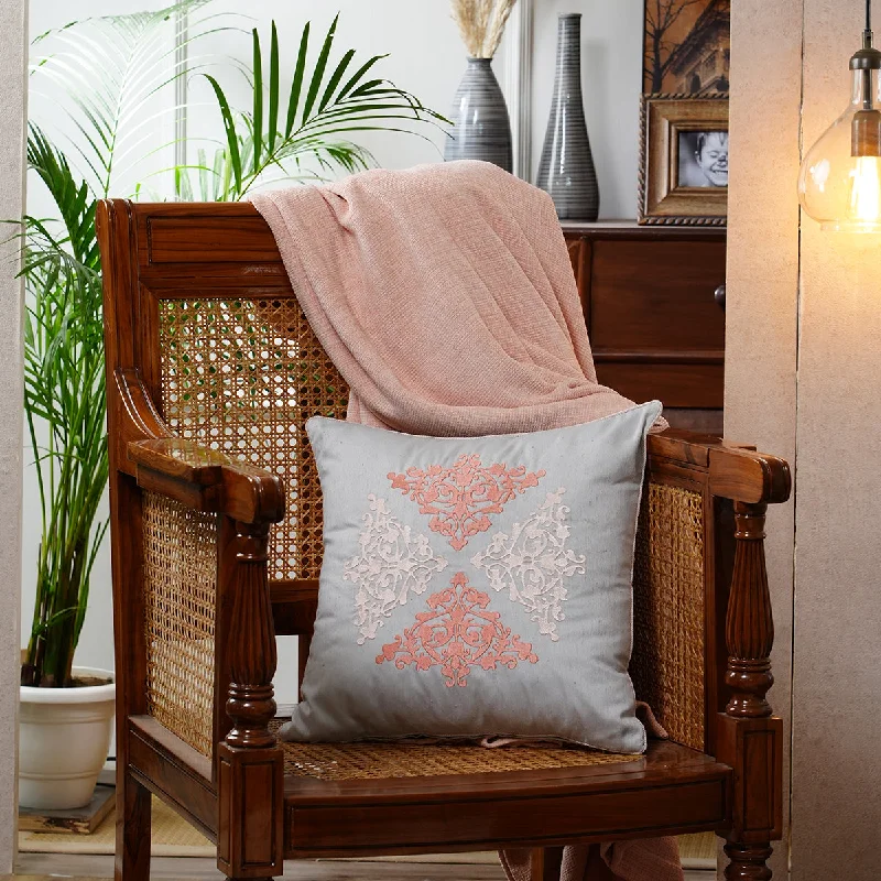 Tranquil Essence Scrollable Tatting Embroidered Viscose Blend Peach Cushion Cover