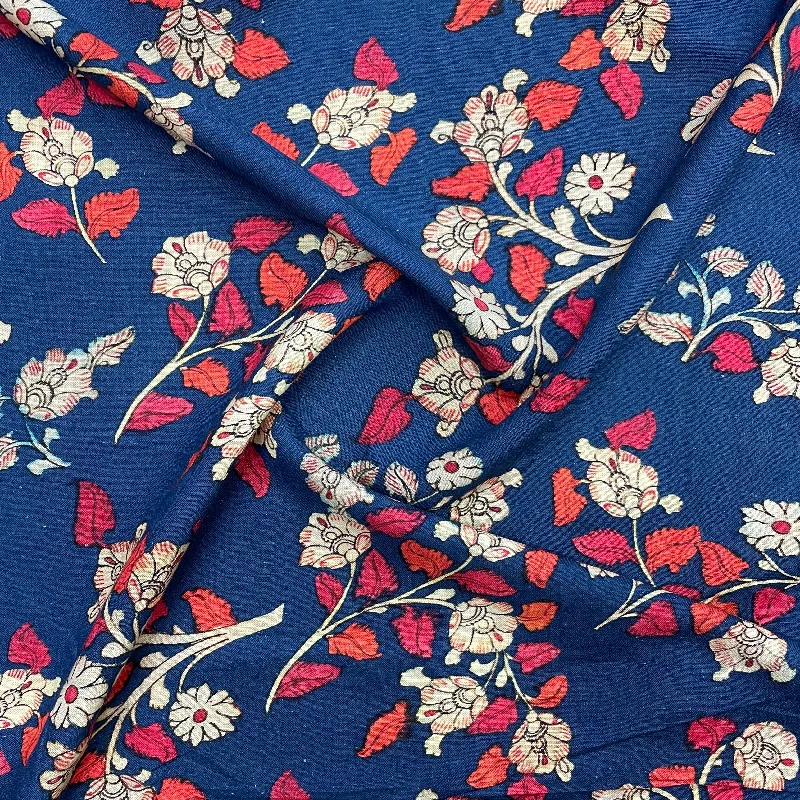 Navy Blue Floral Print Cotton linen Fabric