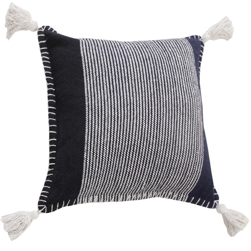 20" X 20" Black Navy And White 100% Cotton Striped Zippered Pillow