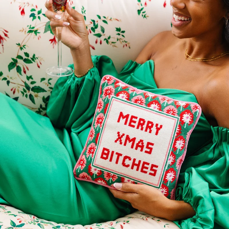 Merry Xmas Bitches Needlepoint Pillow