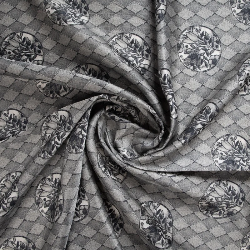 Grey Digital Print Satin Linen Fabric