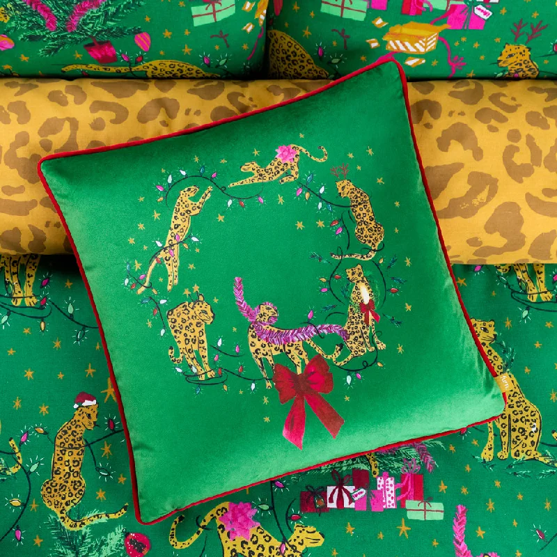 Purrfect Christmas Leaping Leopards Cushion Green/Gold