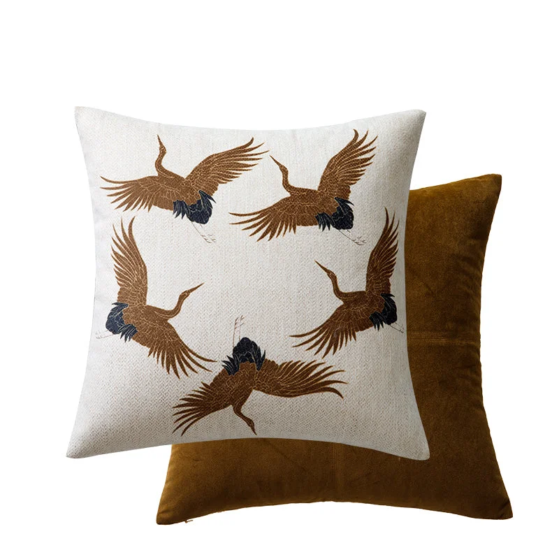 Eren Oriental Crane Embroidery Throw Pillow Cover