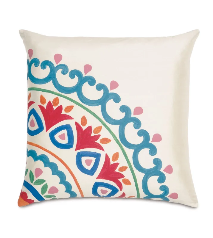 Hand Painted Suzani on Ivory Silk Throw Pillow Cover 20x20