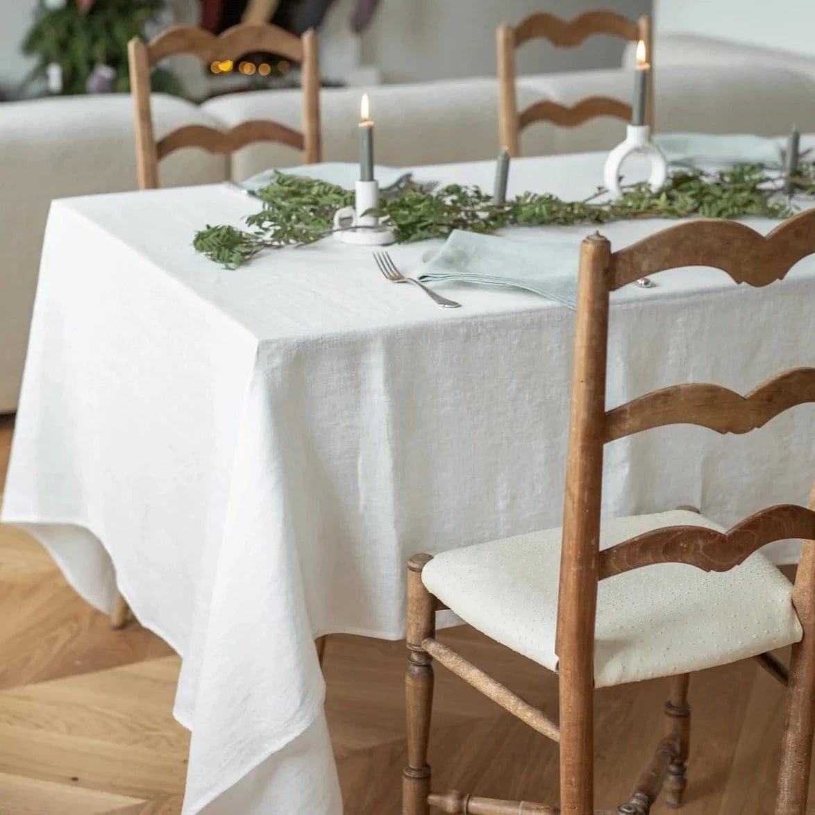 White 100% Linen Tablecloth