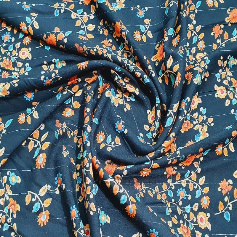 Black With Lurex Floral Print Rayon Fabric