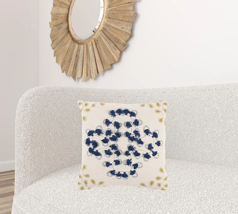 Ivory Navy Embroidered Tassel Throw Pillow