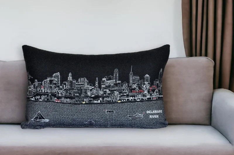 25" Black Philadelphia Nighttime Skyline Lumbar Decorative Pillow