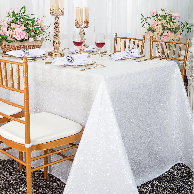 90"x156" Seamless Rectangular Sequin Taffeta Tablecloth - White (1pc)