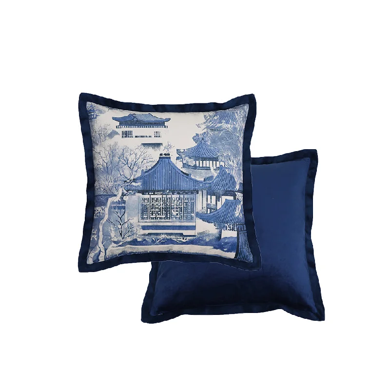 Qing Blue Print Velvet Throw Pillow Cover