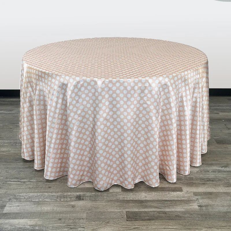 120 inch Satin Round Tablecloth Peach and White Polka Dots