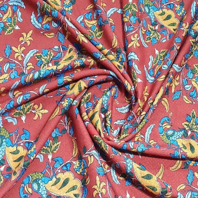 Maroon Madhubani Print Rayon Dobby Fabric