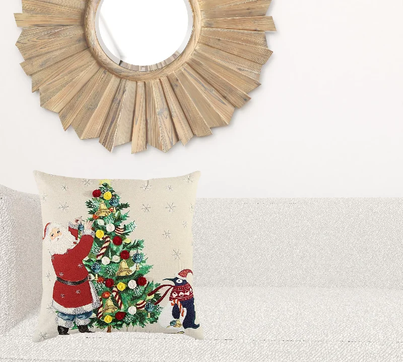 Ivory Vintage Santa and Penguin Christmas Throw Pillow