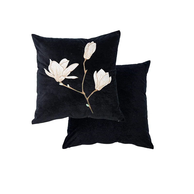 Magnolia Oriental Floral Black Throw Pillow Covers