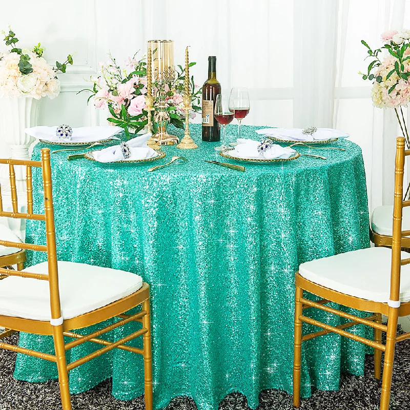 132" Round Sequin Taffeta Tablecloth - Tiff Blue/Aqua Blue (1pc)