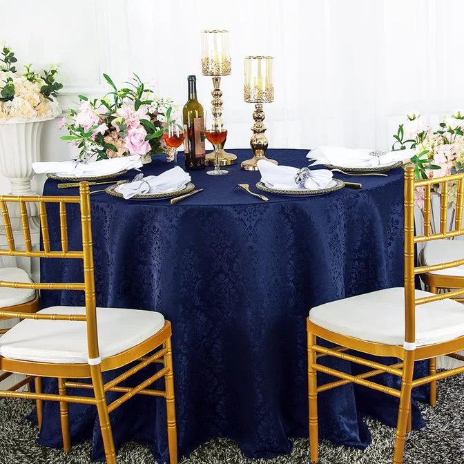 90" Seamless Round Marquis Damask Jacquard Polyester (220 GSM) Tablecloth - Navy Blue (1pc)