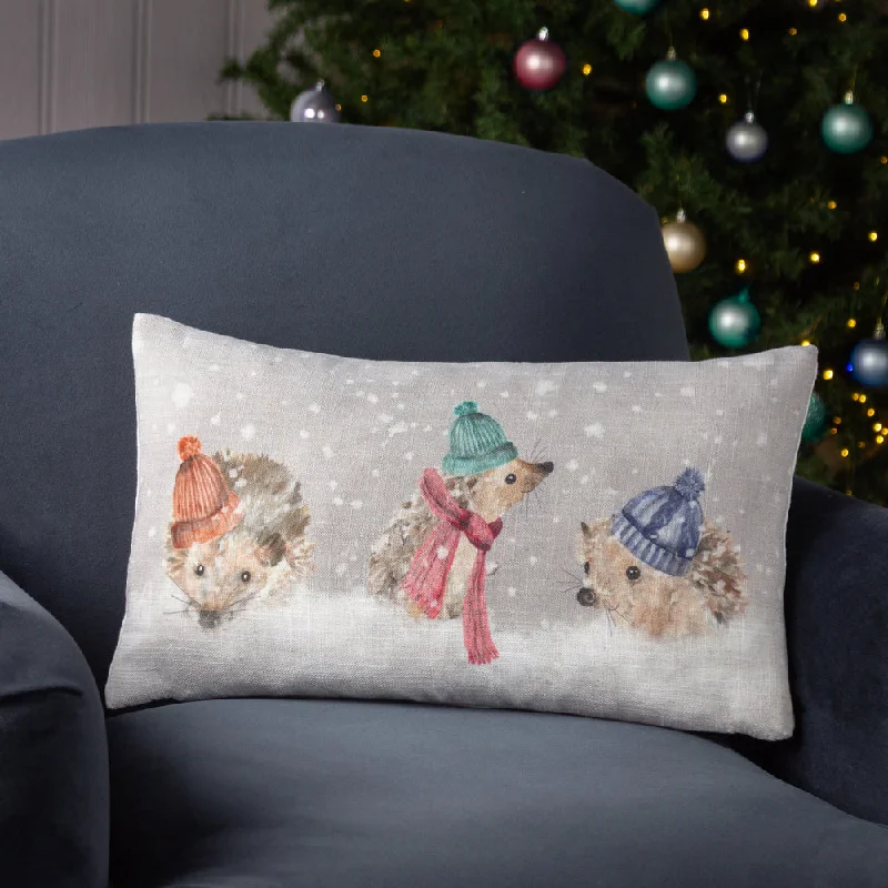 Snowy Hedgehogs Christmas Cushion Natural