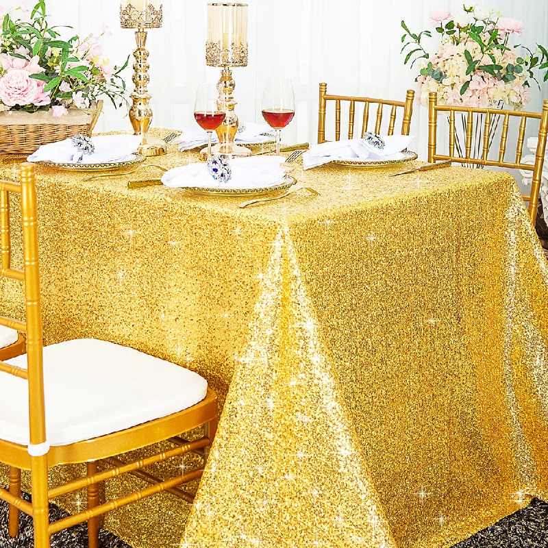 90"x132" Seamless Rectangular Sequin Taffeta Tablecloth - Light Gold (1pc)