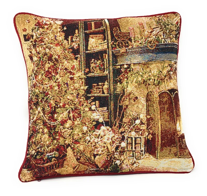 DaDa Bedding Golden Christmas Tree Fireplace Tapestry Throw Pillow Cover 16" x 16" (14604)