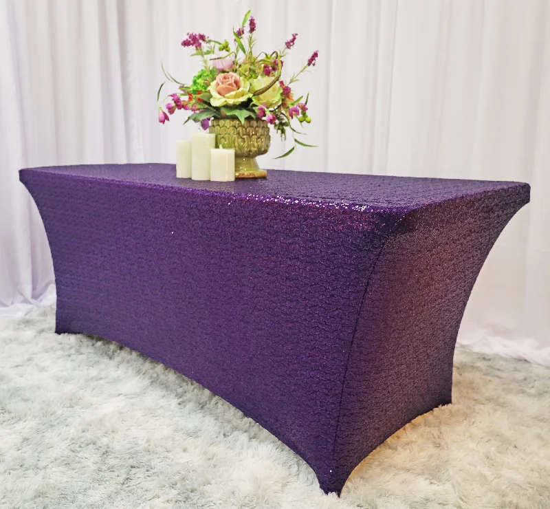 8 Ft Rectangular Sequin Spandex Table Cover - Eggplant (1pc)