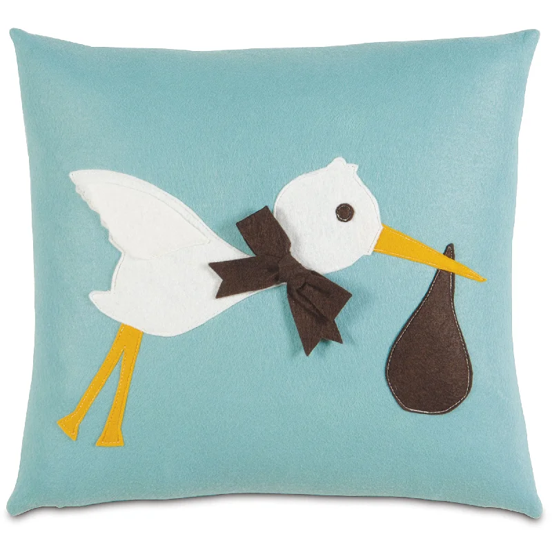 Blue Stork Arrival Appliqué Throw Pillow Cover 16x16