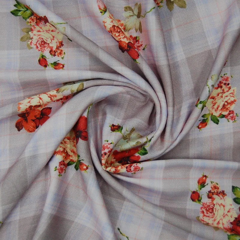 Pink Check Floral Print Spun Fabric