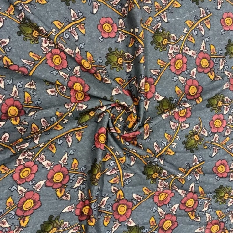 Blue Floral Print Rayon Dobby Fabric