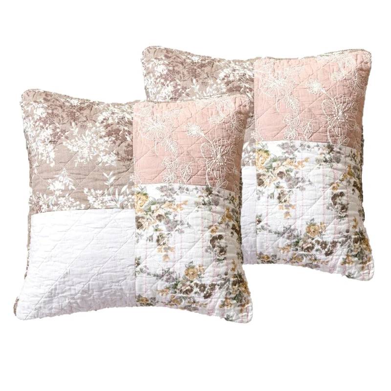 DaDa Bedding Set of 2-Pieces Vintage Patchwork Muted Dusty Rose Taupe & Tan Brown Floral Throw Pillow Covers, 18" x 18"