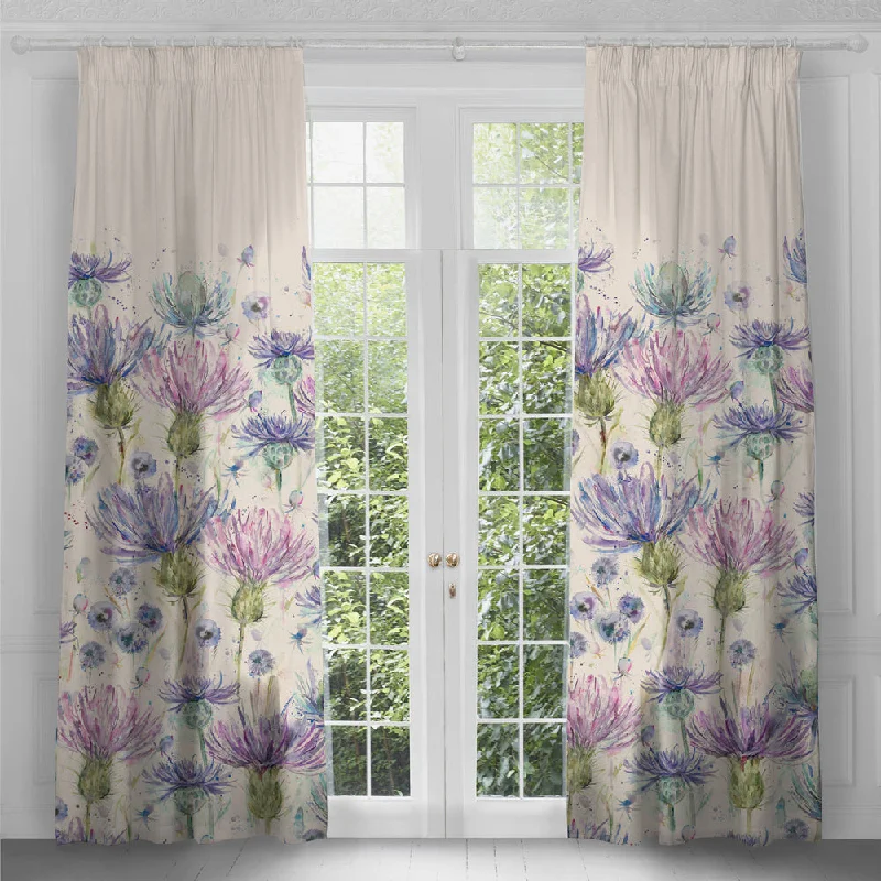 Eilean Donan Printed Pencil Pleat Curtains Thistle Damson