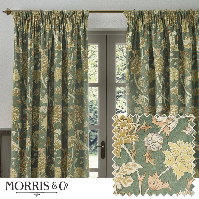 Cray Floral Velvet Pencil Pleat Curtains Sage/Sunflower