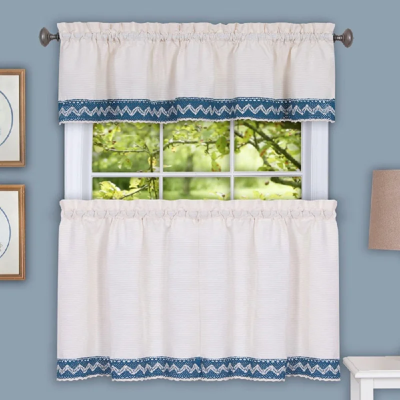 Class Blue Cotton Blend Macrame Trimmed Decorative Window Curtain Separates, Tier Pair and Valance Options