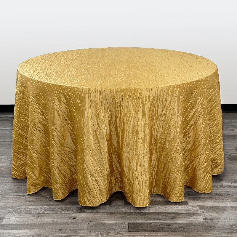 108 Inch Round Crinkle Taffeta Tablecloth Gold