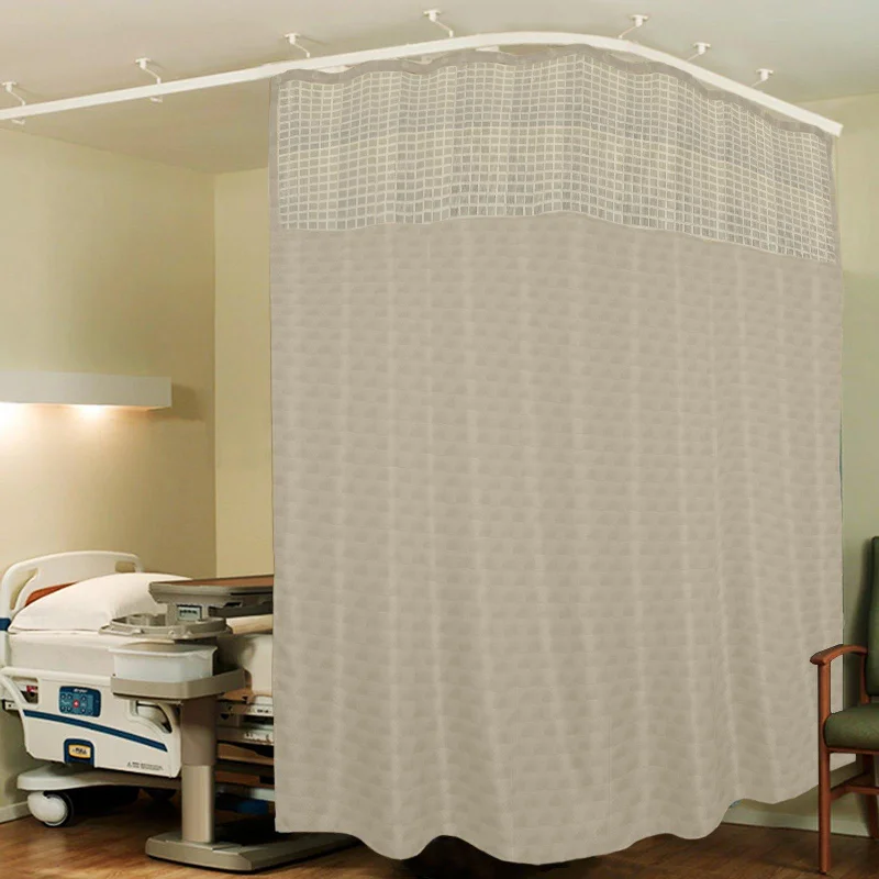 Hospital Partition Curtains, Clinic Curtains Size 12 FT W x 7 ft H, Channel Curtains with Net Fabric, 100% polyester 24 Rustfree Metal Eyelets 24 Plastic Hook, Cream Cubes, (12x7 FT, Pk of 1)