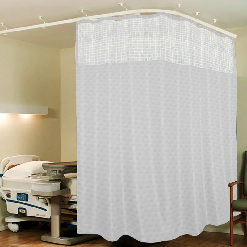 Hospital Partition Curtains, Clinic Curtains Size 12 FT W x 7 ft H, Channel Curtains with Net Fabric, 100% polyester 24 Rustfree Metal Eyelets 24 Plastic Hook, White Cubes, (12x7 FT, Pk of 1)