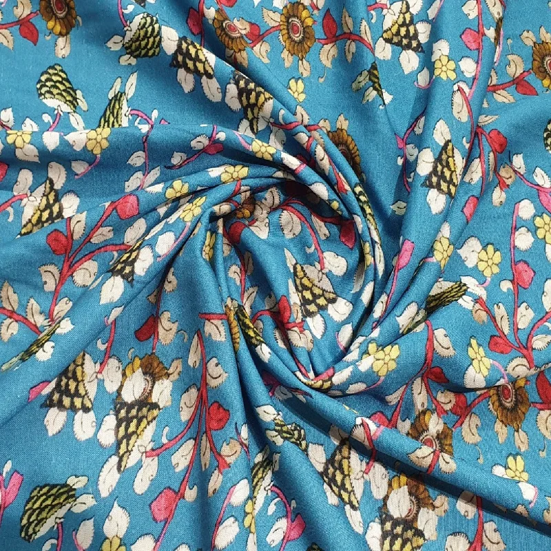 Blue Madhubani Floral Print Rayon Fabric