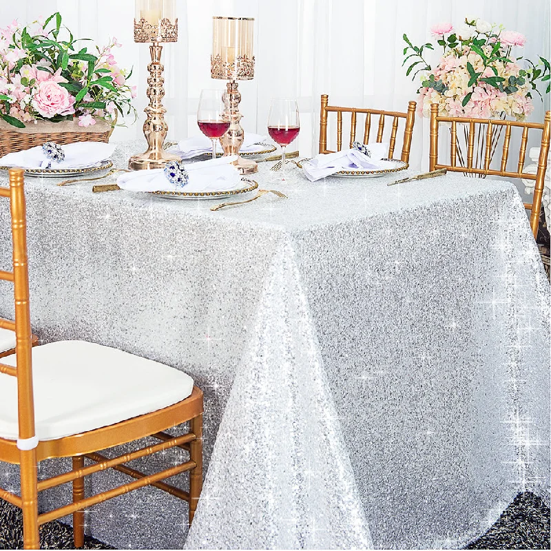 90"x132" Seamless Rectangular Sequin Taffeta Tablecloth - Platinum/Light Silver (1pc)