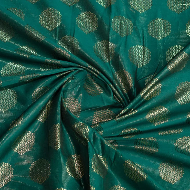 Emerald Green With Golden Geometricla Brocade Fabric