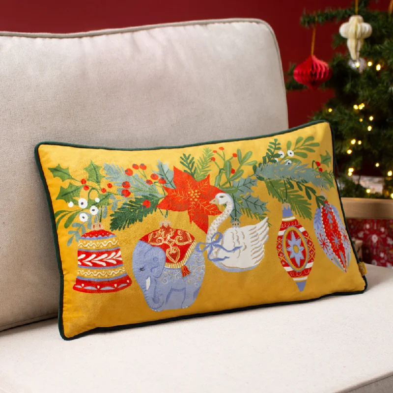 Deck The Halls Baubles Rectangular Cushion Ochre/Pine Green