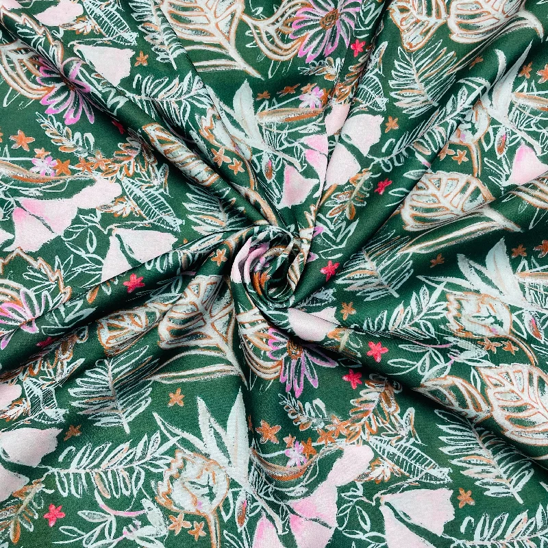 Dark Green & Pink Floral Print Modal Satin Fabric