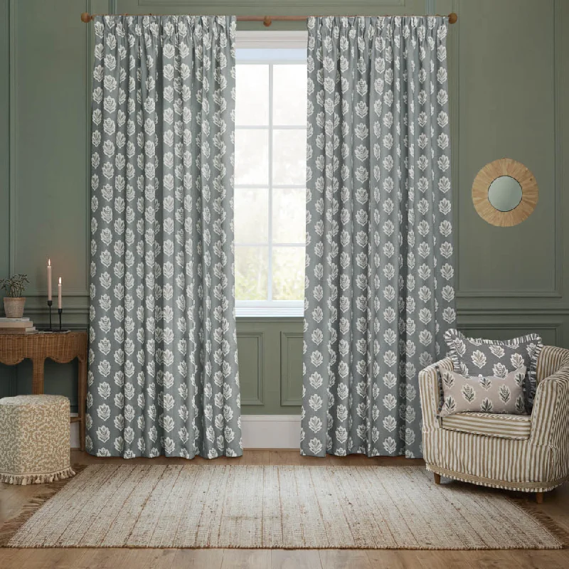 Sessile Leaf Motif Pencil Pleat Curtains Delph Blue