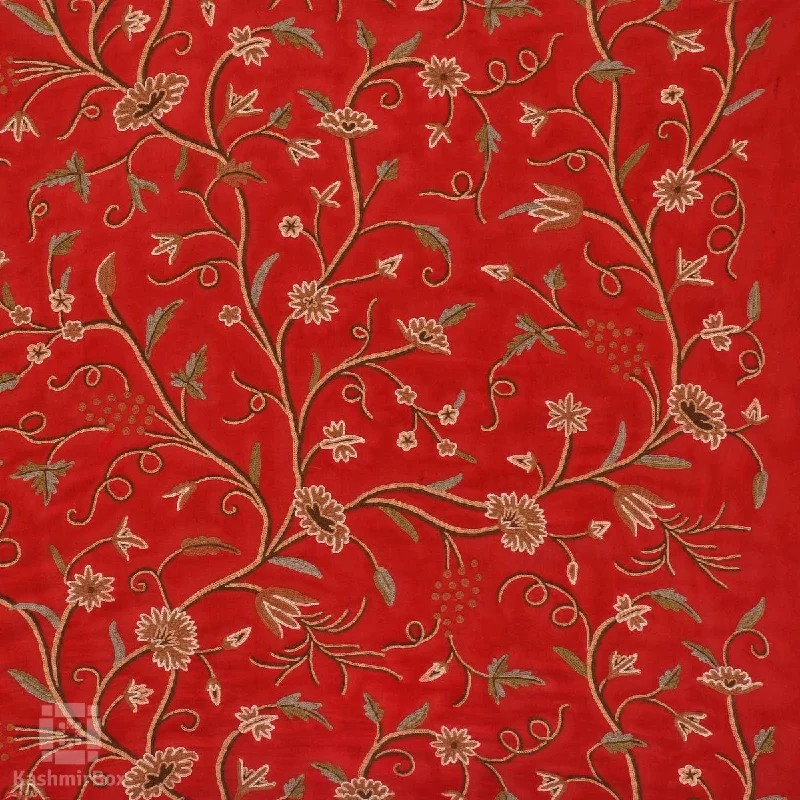 Scarlet Flowered Crewel Embroidered Curtain