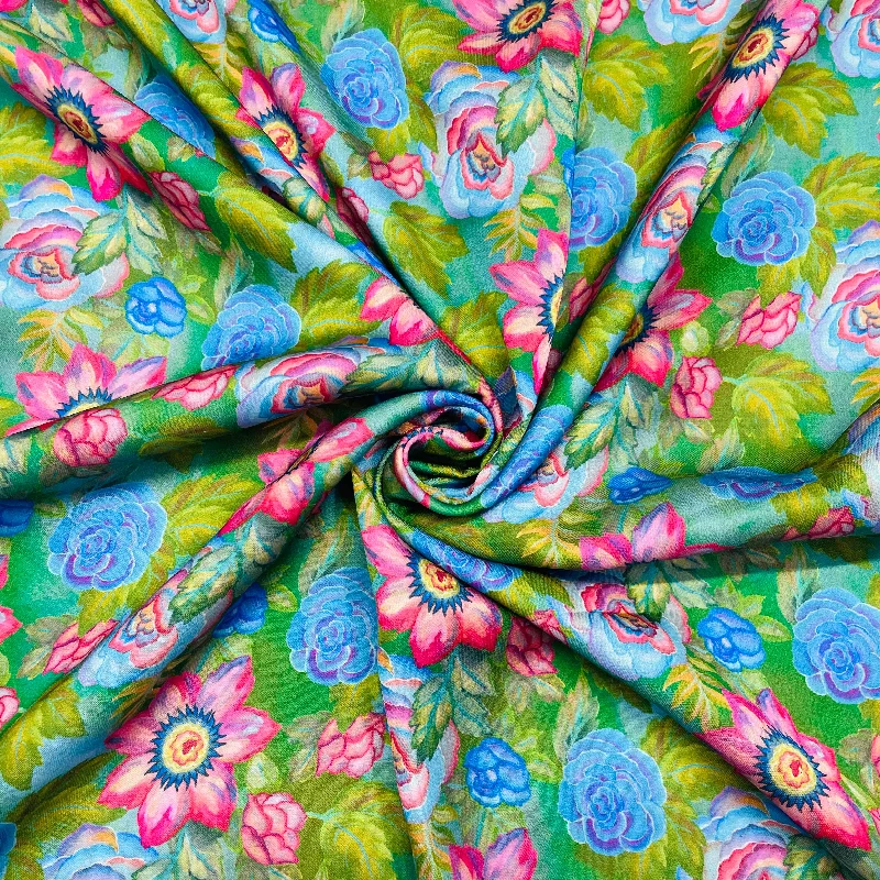 Green With Pink & Blue Floral Print Modal Satin Fabric