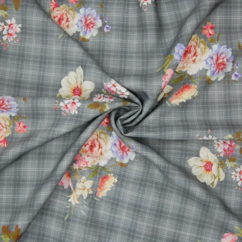 Grey Check Floral Print Spun Fabric