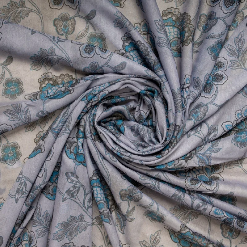 Grey Blue Floral Print Viscose Voile Fabric TU 2877