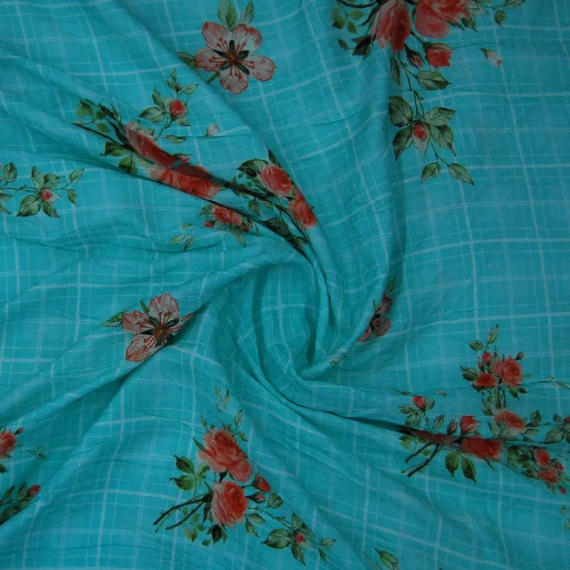 Sea Green Check Floral Print Viscose Dobby Fabric