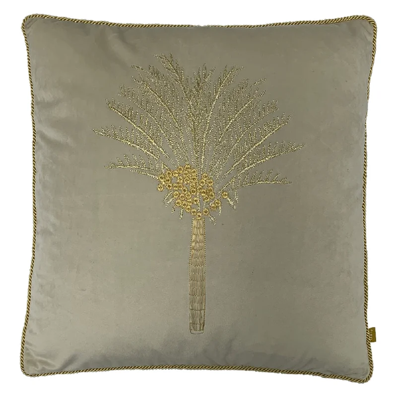 Desert Palm Embroidered Velvet Cushion Ivory