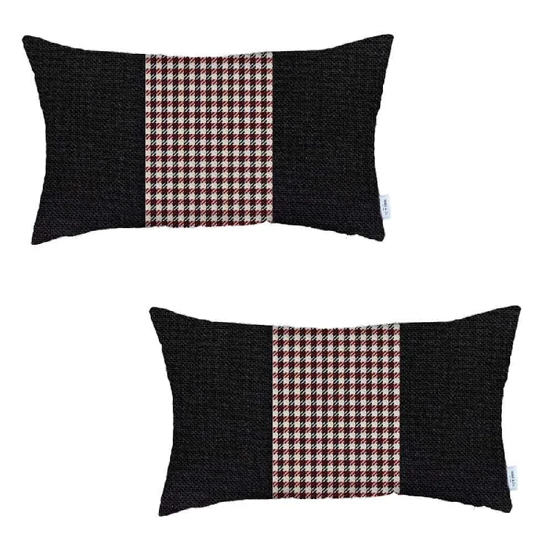 Set Of Two 20" X 12" Black And Red Polyester Houndstooth Zippered Pillow