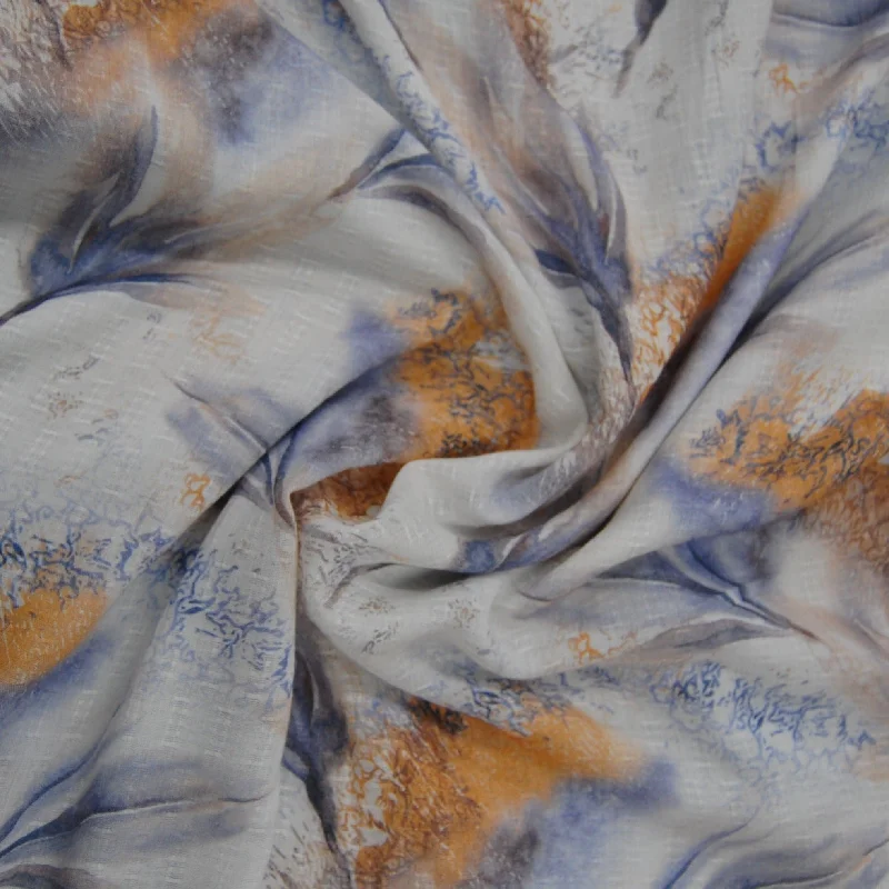 White & Multi Color Leaf Print Viscose Dobby Fabric